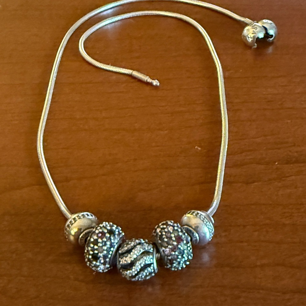 Pandora Snake Chain Necklace with 2 embossed ball clasps and 3 jeweled beads